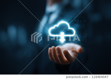 The business man is using online file sharing or saving virtualized objects in a computer network system for a business plan. This is a digital marketing concept. 128464047