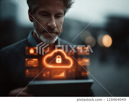 Cyber internet network security data protection technology innovation. A conceptual of cybersecurity measures protecting data, with abstract representations of locks and data streams, emphasizing the 128464049