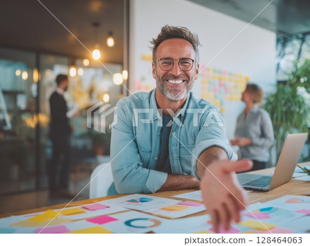 A team of marketing professionals in a modern office, offering a handshake, open laptop with marketing analytics, friendly and collaborative. A team of marketing professionals in a modern office, offering a handshake, open laptop with marketing analytics, friendly and collaborative. 128464063