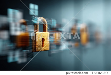 Cyber internet network security data protection technology innovation. A conceptual of cybersecurity measures protecting data, with abstract representations of locks and data streams, emphasizing the Cyber internet network security data protection technology innovation. A conceptual of cybersecurity measures protecting data, with abstract representations of locks and data streams, emphasizing the 128464064