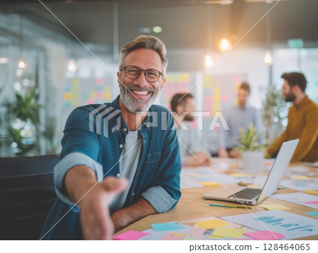 A team of marketing professionals in a modern office, offering a handshake, open laptop with marketing analytics, friendly and collaborative. 128464065