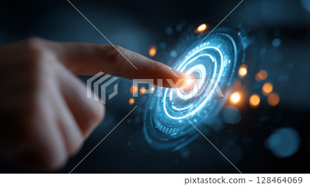 Close-up of index finger clicking on blue holographic projection AI button, surrounded by technological lights. Close-up of index finger clicking on blue holographic projection AI button, surrounded by technological lights. 128464069