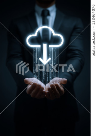 The business man is using online file sharing or saving virtualized objects in a computer network system for a business plan. This is a digital marketing concept. 128464076