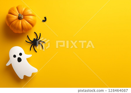 Halloween background, yellow background, top view, Halloween pumpkin, ghost paper cutout, spider. Halloween background, yellow background, top view, Halloween pumpkin, ghost paper cutout, spider. 128464087