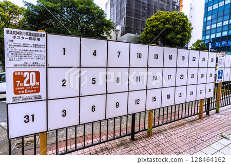 Yokohama cityscape in Japan. Next to the smoking area in front of Sotetsu Yokohama Station. Poster display area for the House of Councillors Kanagawa Prefecture Election, voting day, July 20th. 128464162