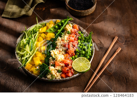 Healthy bowl with salmon and vegetables Healthy bowl with salmon and vegetables 128464183