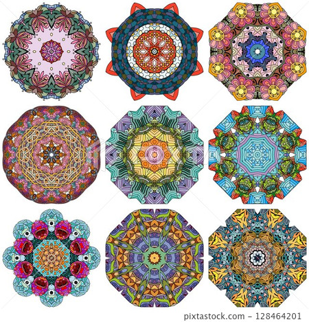Set of colorful cute Mandalas. Decorative unusual round ornaments. Set of colorful cute Mandalas. Decorative unusual round ornaments. 128464201