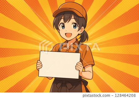 A high school girl in a cafe uniform bowing politely (pop art style) 128464208