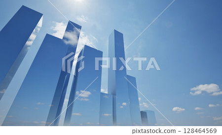 futuristic view of blue sky city with building and skycrappers and photorealistic 128464569