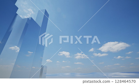 color clouds in blue sky and futuristic city on background with reflections color clouds in blue sky and futuristic city on background with reflections 128464570