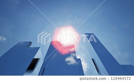 Building and skycrappers in a futuristic city and blue sky with clouds Building and skycrappers in a futuristic city and blue sky with clouds 128464572
