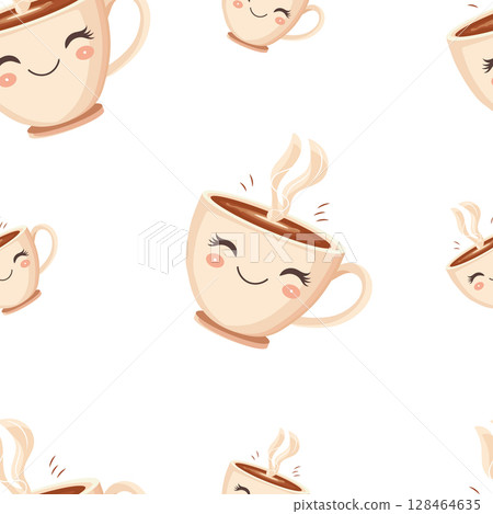 Seamless pattern with beige cartoon cute smiling coffee cups on white background. Vector illustration. Perfect for children designs, packaging, textiles, and wrapping paper. 128464635