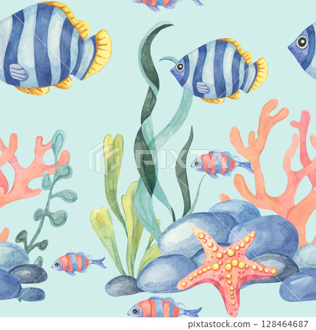 Watercolor clipart seamless pattern featuring tropical fish, coral reef plants, and bubbles on mint. Perfect for fabric printing, wallpaper, beach accessories, and stationery 128464687