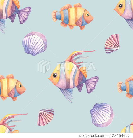 Striped fish, pink shells, and marine elements in watercolor clipart seamless pattern on soft aqua. Perfect for baby clothing, packaging, wallpaper, and underwater-themed decor Striped fish, pink shells, and marine elements in watercolor clipart seamless pattern on soft aqua. Perfect for baby clothing, packaging, wallpaper, and underwater-themed decor 128464692