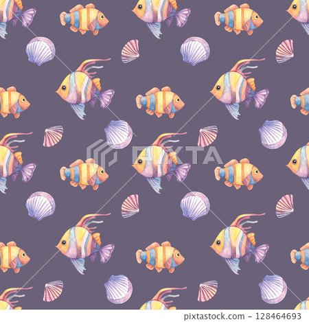 Yellow and orange tropical fish with lavender shells in a dark violet seamless pattern. Watercolor clipart with marine life design perfect for textile prints, stationery, and fabric projects Yellow and orange tropical fish with lavender shells in a dark violet seamless pattern. Watercolor clipart with marine life design perfect for textile prints, stationery, and fabric projects 128464693