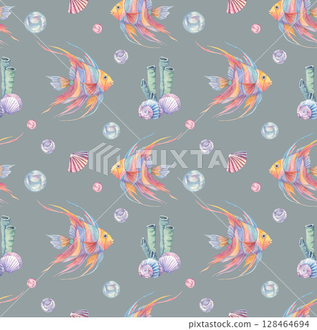 Colorful angelfish, seaweed, shells and bubbles in purple watercolor clipart seamless pattern on slate grey background. Nautical theme background for swimwear, planner covers, party decor, gift wrap 128464694