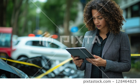 Loss Adjuster Conducts Thorough Inspection of Damaged Vehicle After Serious Car Accident 128464825