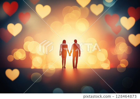 Couple holding hands against a warm, glowing backdrop with heart shapes 128464873