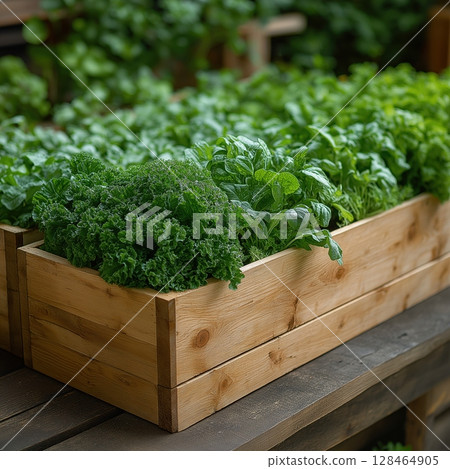 Fresh herbs and greens thriving in wooden planter boxes on a sunny day 128464905