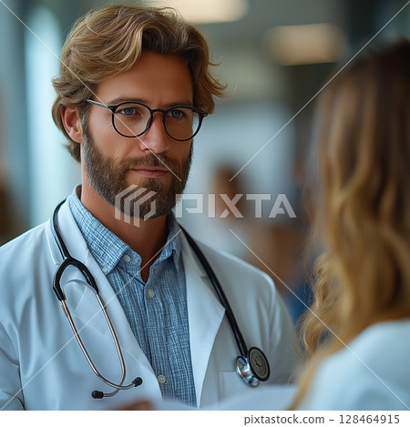 Doctor engaging in consultation with patient in a modern healthcare setting 128464915
