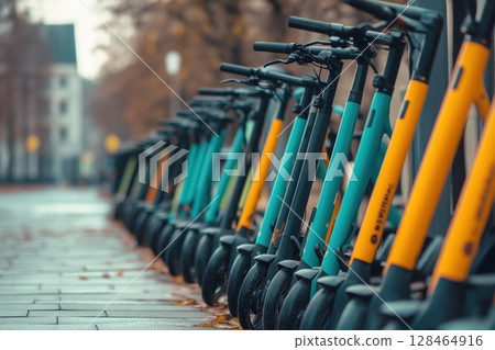 Electric scooters lined up along a city sidewalk in autumn during golden hour 128464916