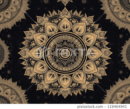 Intricate mandala design featuring floral patterns and circular elements on a black background Intricate mandala design featuring floral patterns and circular elements on a black background 128464941