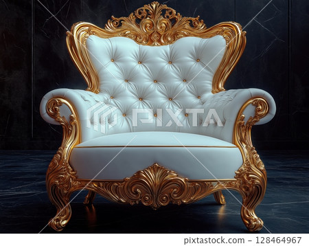 Elegant vintage armchair with gold detailing in an opulent interior setting Elegant vintage armchair with gold detailing in an opulent interior setting 128464967