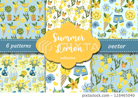 Fresh lemoncore vector pattern set with citrus fruits, bows, flowers, ice cream and summer clothes in hand-drawn dopamine style. Perfect for packaging, fabric, and stationery. 128465040