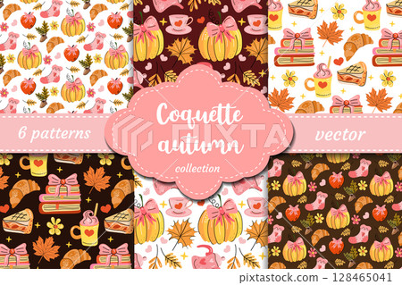 Whimsical autumn vector patterns with pumpkins, bows, pie, books, socks and cozy details in coquette aesthetic. Great for fabric, planners, wrapping paper and decor. 128465041