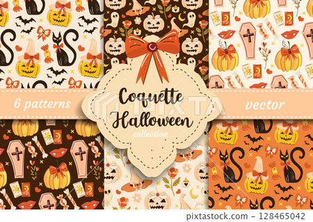 Spooky cute vector patterns with pumpkins, black cats, bows, ghosts and witch hats in romantic coquette style. Ideal for Halloween textiles, printables and seasonal design. Spooky cute vector patterns with pumpkins, black cats, bows, ghosts and witch hats in romantic coquette style. Ideal for Halloween textiles, printables and seasonal design. 128465042