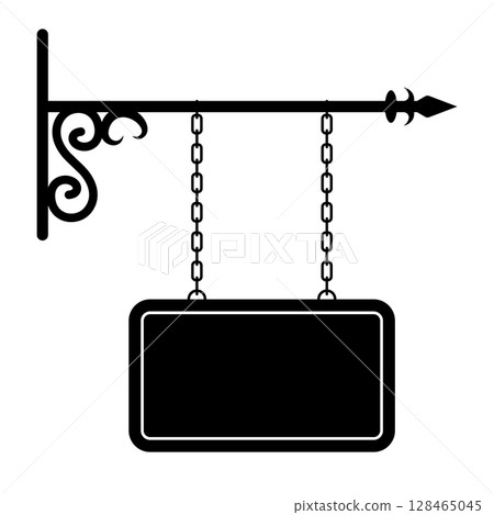 Vintage Hanging Signboard with Decorative Iron Bracket Vector Illustration. A classic hanging signboard suspended by two vertical chains from a horizontal ornamental iron bracket. 128465045
