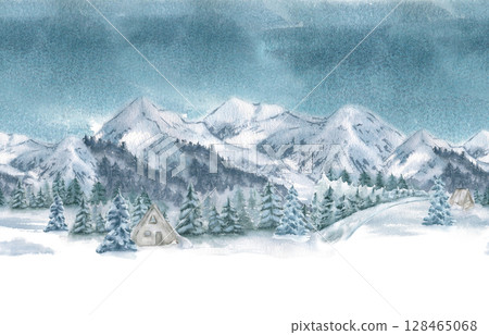 Woodland night winter seamless banner with forest hut, mountain slopes and snowy pine trees in muted watercolor isolated on white. Christmas landscape and dark sky repeated background hand painted. Woodland night winter seamless banner with forest hut, mountain slopes and snowy pine trees in muted watercolor isolated on white. Christmas landscape and dark sky repeated background hand painted. 128465068