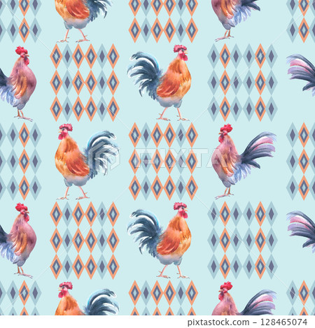 Watercolor roosters and minimalist geometric diamonds Scandinavian style seamless pattern isolated. Folk repeated background cockerels for Nordic farmhouse textiles, kitchenware, rustic packaging. Watercolor roosters and minimalist geometric diamonds Scandinavian style seamless pattern isolated. Folk repeated background cockerels for Nordic farmhouse textiles, kitchenware, rustic packaging. 128465074