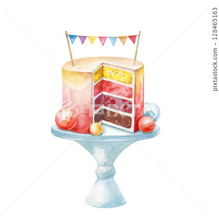 A cut birthday cake with flags on a stand, hand-drawn. The watercolor illustration is isolated on a white background. Template for postcards and greetings. 128465163