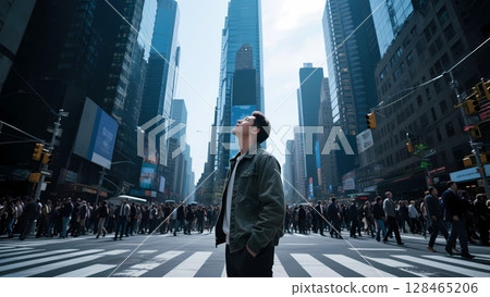 一名男子在大城市中心仰望天空 一名男子在大城市中心仰望天空 128465206