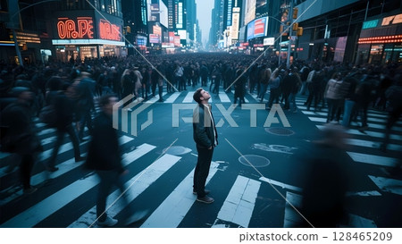 一名男子停在十字路口中間，抬頭望向天空 128465209
