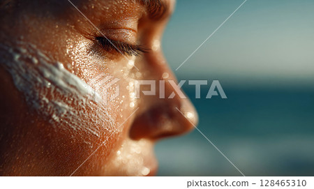A macro view of a woman face as she applies a dab of cream beneath her eye, emphasizing smooth skin and striking blue iris 128465310
