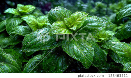 Close-up of vibrant basil leaves covered in glistening water droplets, showcasing freshness, natural hydration, and botanical beauty 128465311
