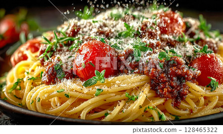Close-up of spaghetti with tomato sauce, fresh herbs, whole cherry tomatoes, and grated Parmesan Close-up of spaghetti with tomato sauce, fresh herbs, whole cherry tomatoes, and grated Parmesan 128465322