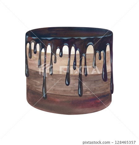 Holiday cake, covered with chocolate icing, is hand-drawn. The watercolor illustration is isolated on a white background. Clipart. The template for the above design. 128465357