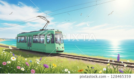夏季沿著海岸行駛的火車 128465359