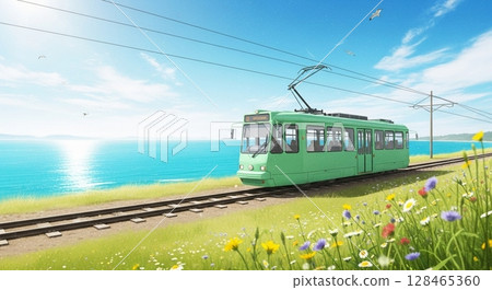 夏季沿著海岸行駛的火車 128465360