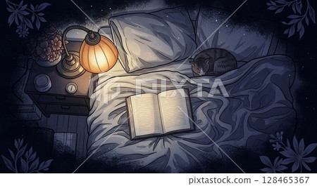Quiet late night reading in bed with a cat and a light 128465367