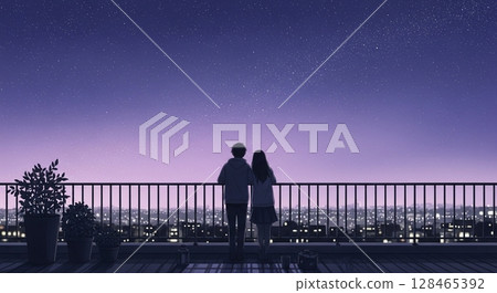深夜在屋頂上仰望星空的戀人 深夜在屋頂上仰望星空的戀人 128465392