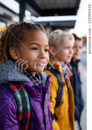 diverse school children in uniform waiting at bus stop diverse school children in uniform waiting at bus stop 128465428