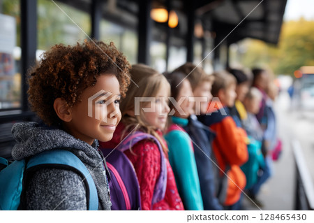 diverse school children in uniform waiting at bus stop 128465430