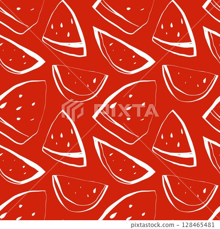 Seamless pattern of white watermelon slices in hand drawn style on bright red background for summer projects 128465481