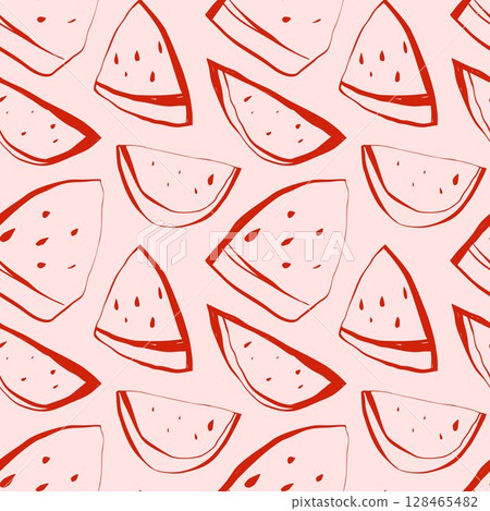 Watermelon slice pattern in red line art on soft pink background for summer packaging and kids products Watermelon slice pattern in red line art on soft pink background for summer packaging and kids products 128465482