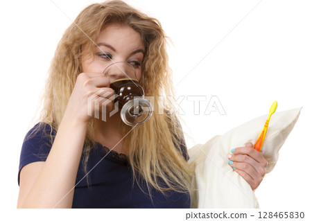 Funny woman being late drinking coffee 128465830