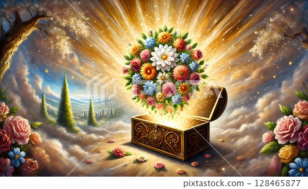 A shining bouquet of flowers popping out of a treasure chest: A spiritual illustration symbolizing gratitude 128465877